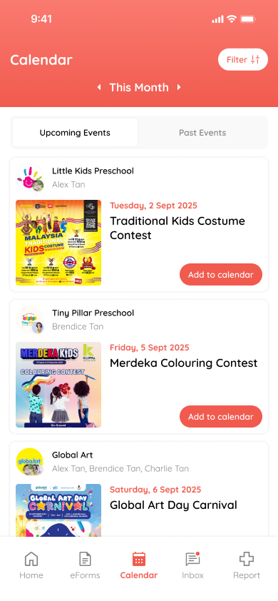 Mobile calendar and events screen