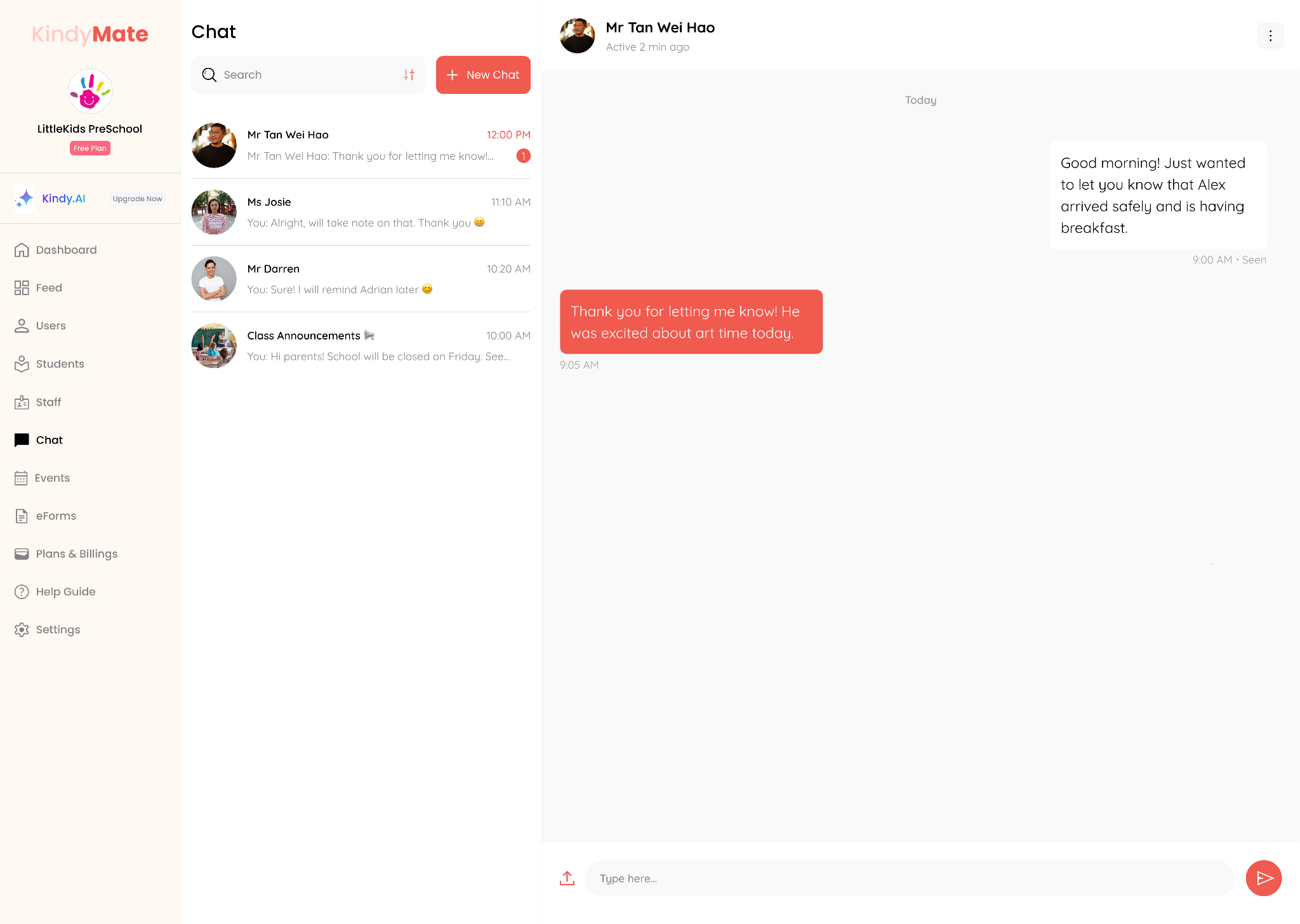 Desktop chat interface for parent communication
