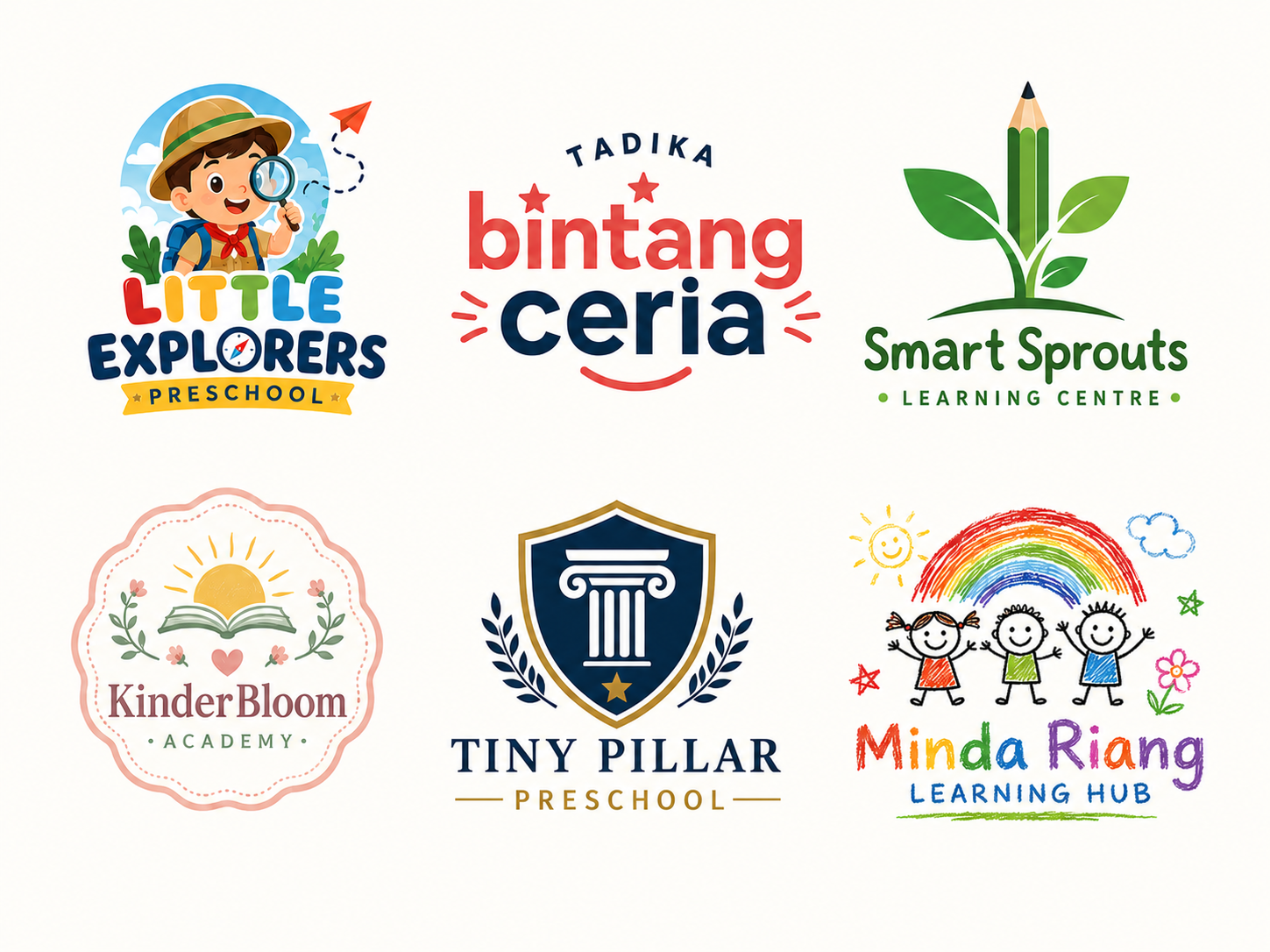 Six sample preschool and learning centre logos